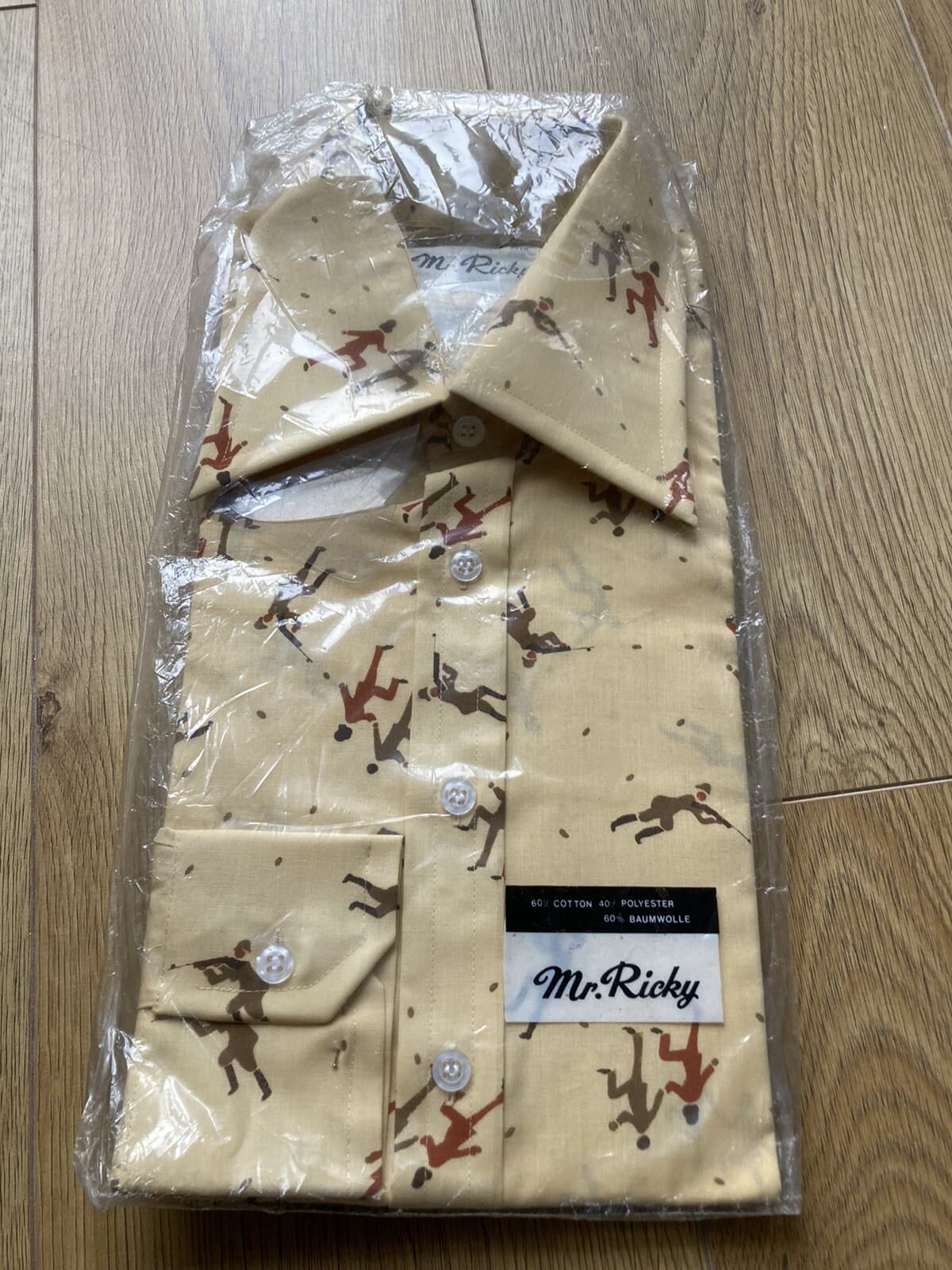 Rare Original 70s Mr Ricky Novelty Print Mens Shirt, Gamekeeper/Gun, Size 15.5