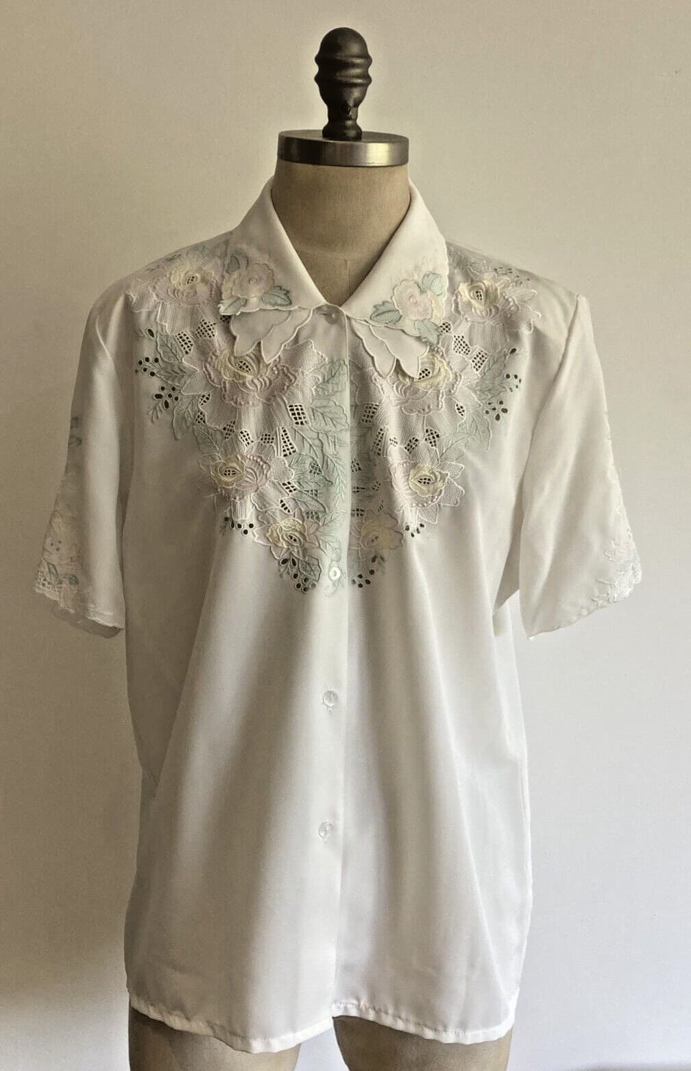 1980s Double Collar "Fantasy" Embroidered Cream Blouse/Shirt, 21.5" pit to pit