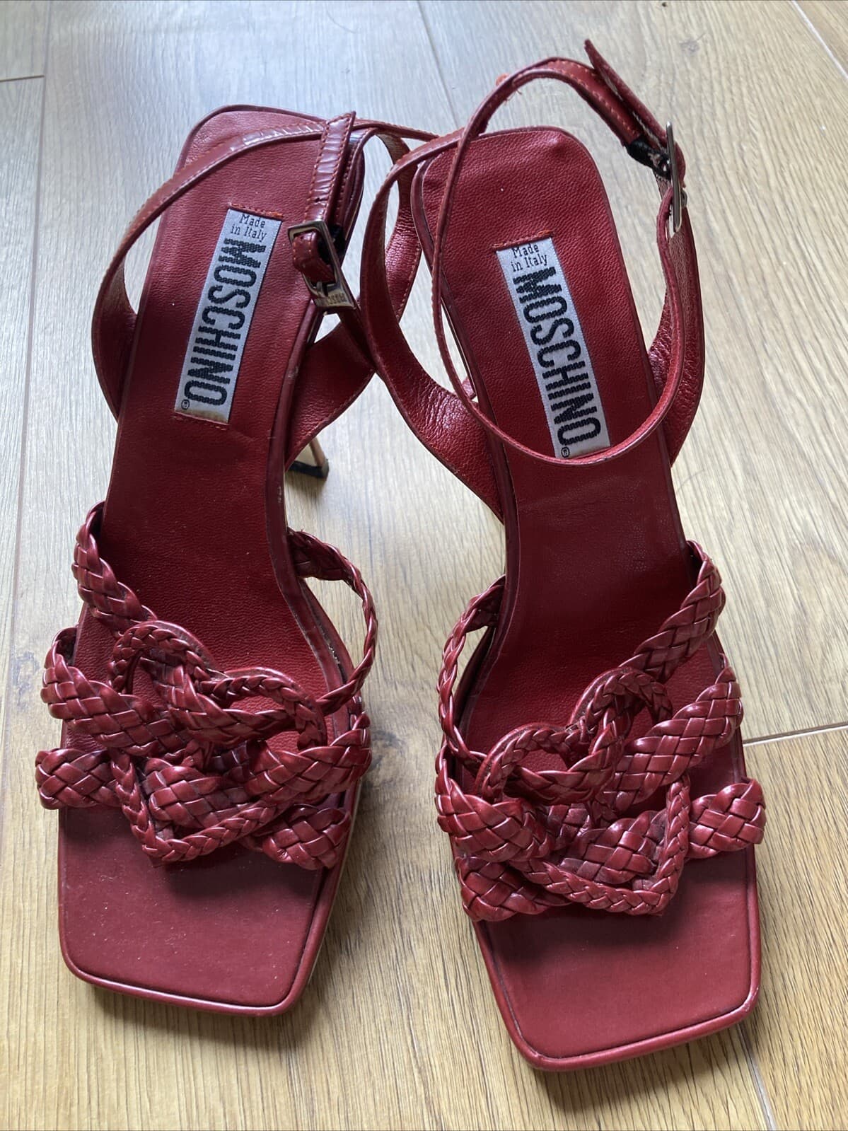Moschino Love Heart Red Leather Platform Sandals, Size 38 EU