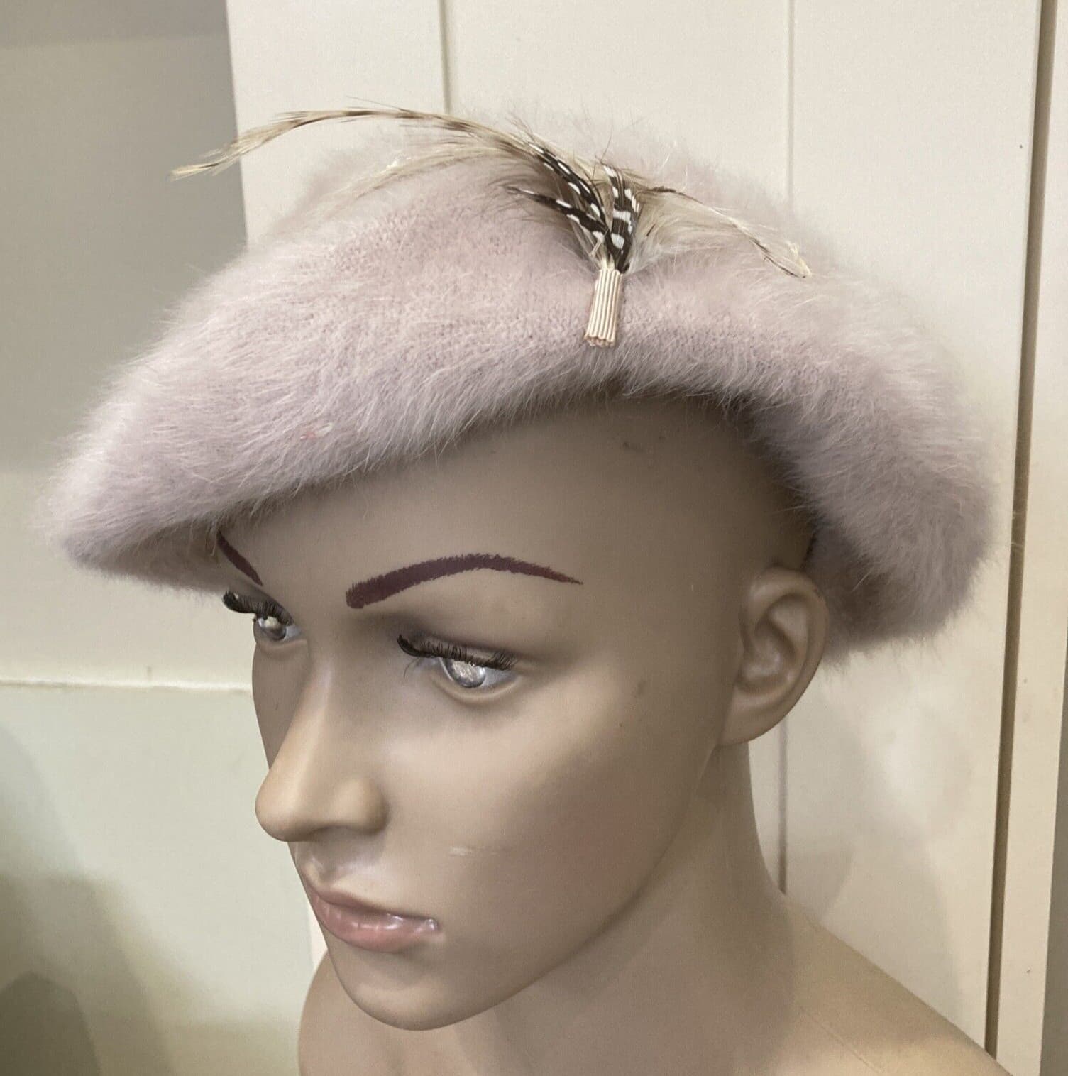 Vintage "Hat Box" Mushroom Angora Hat, with Feather Trim, Small/Medium Size