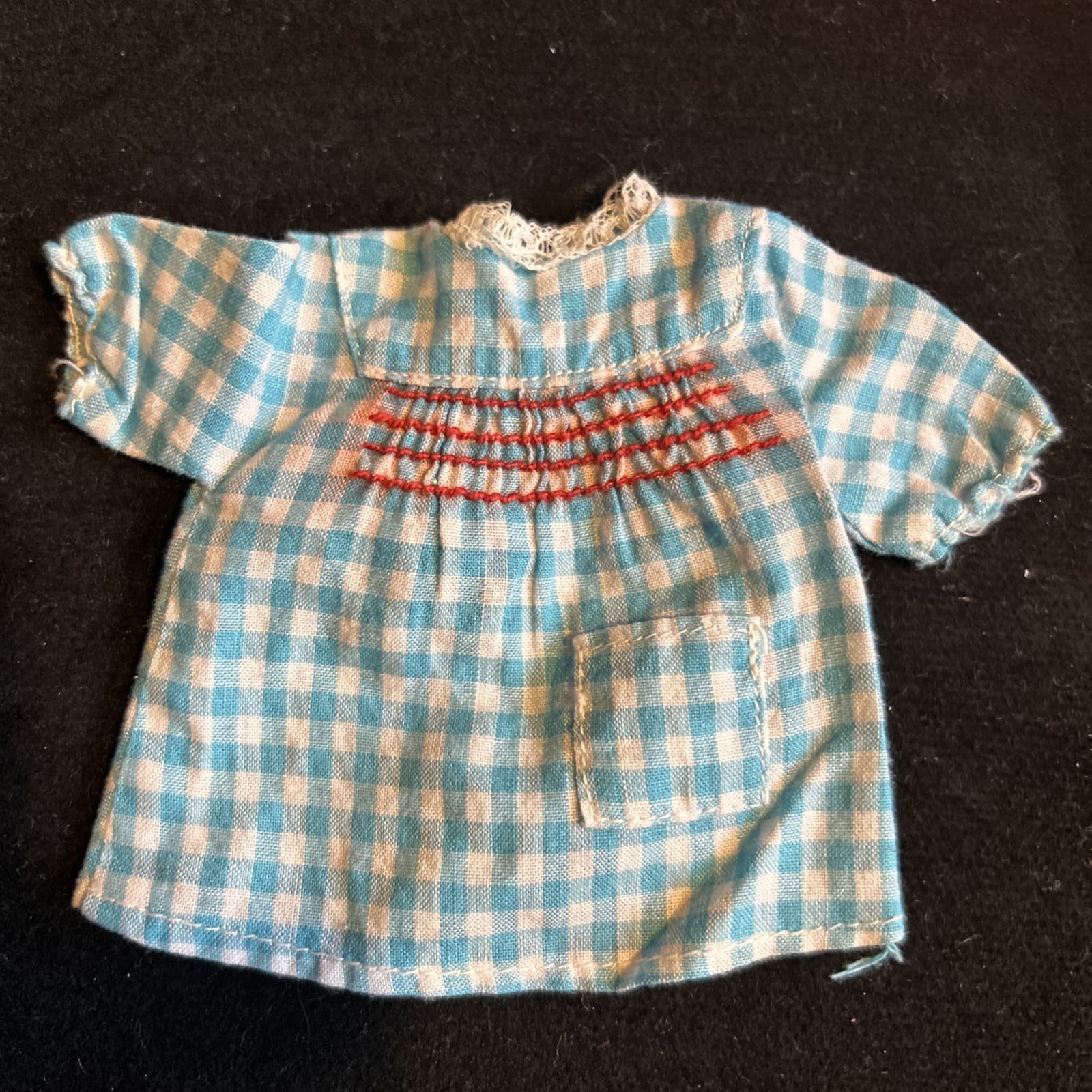 Sindy Sister Patch Summer Dress 1967 - Blue Gingham Red Smock - Pedigree 9P57