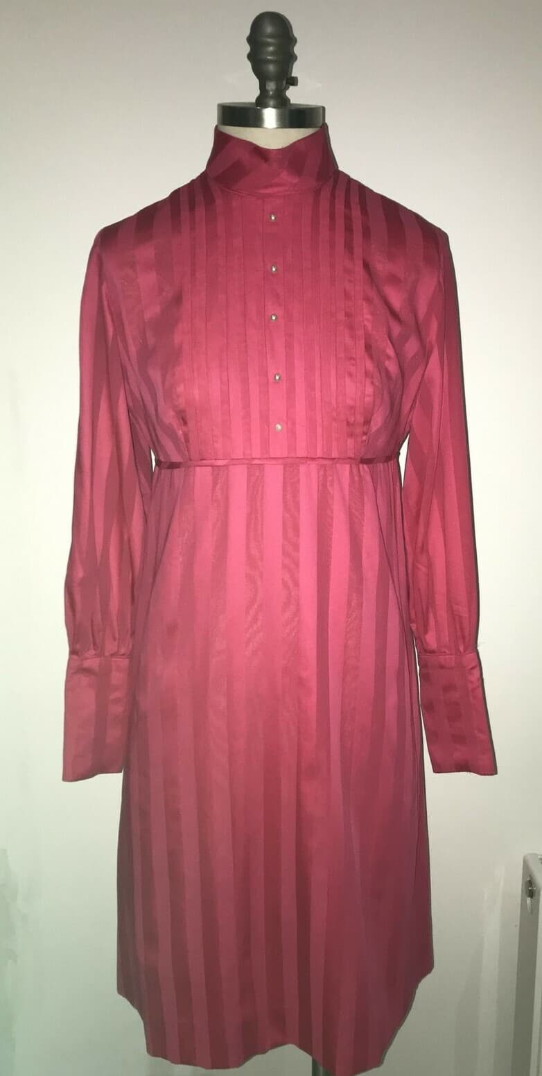 Vintage 1970s Cerise Party Dress with Pearl Button Trim, 17.75" armpit to armpit