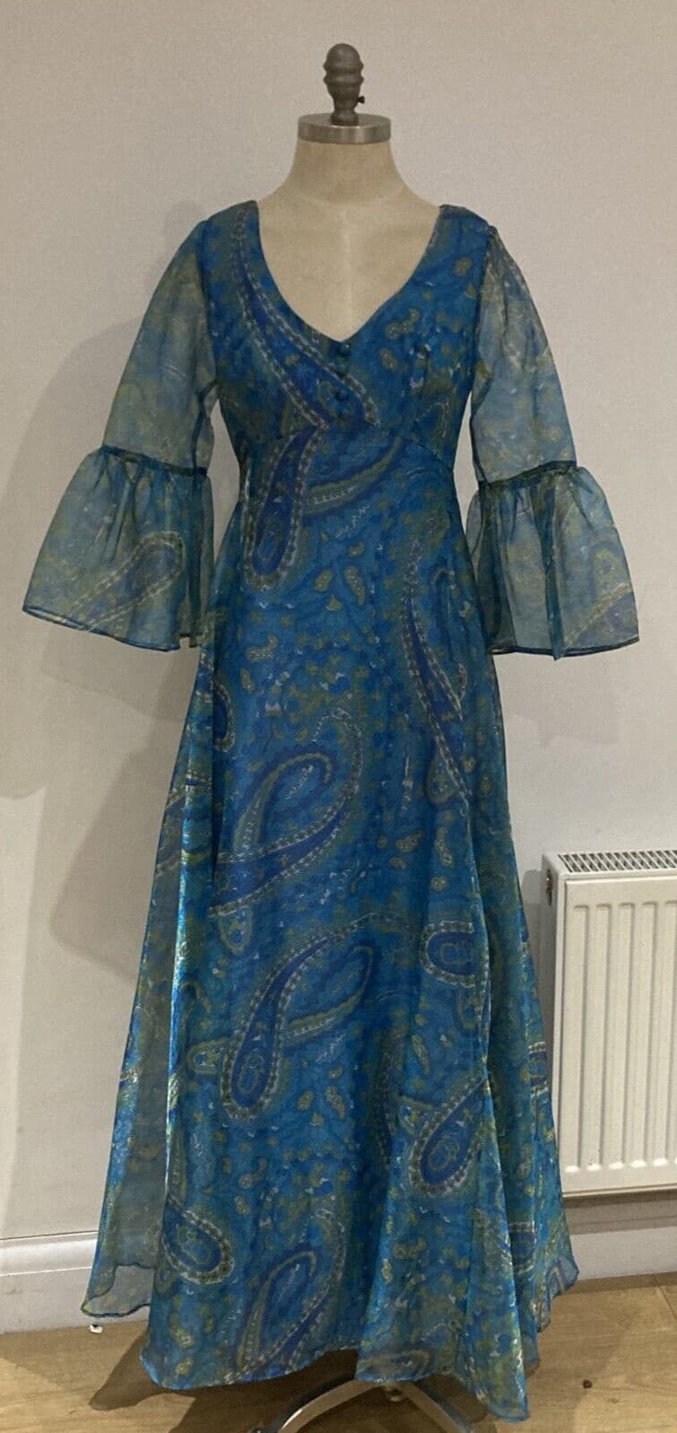 Rare 1970s Horrockses Vintage Blue Floral Maxi Dress, Size 12 UK