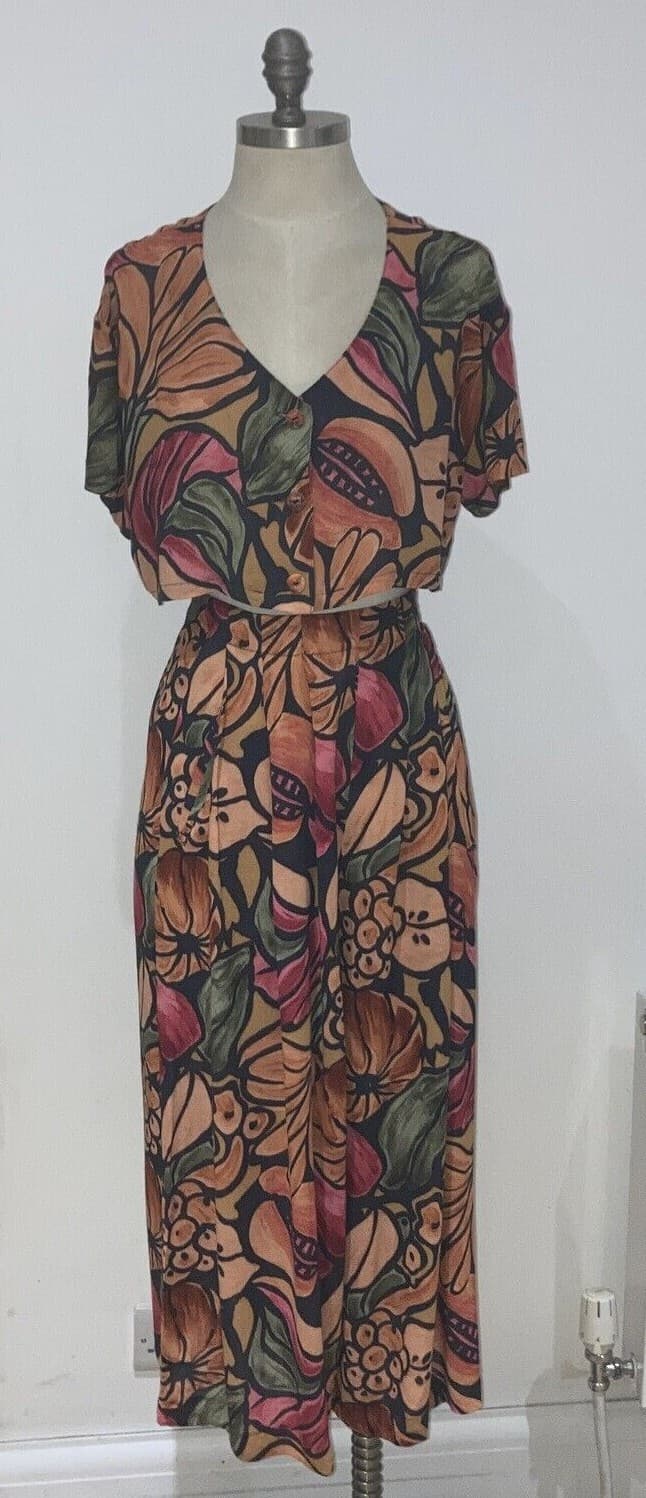 Britta Oldendorf "Miss Britt" 1980s Culotte Suit Fruit Pattern, 21" pit to pit