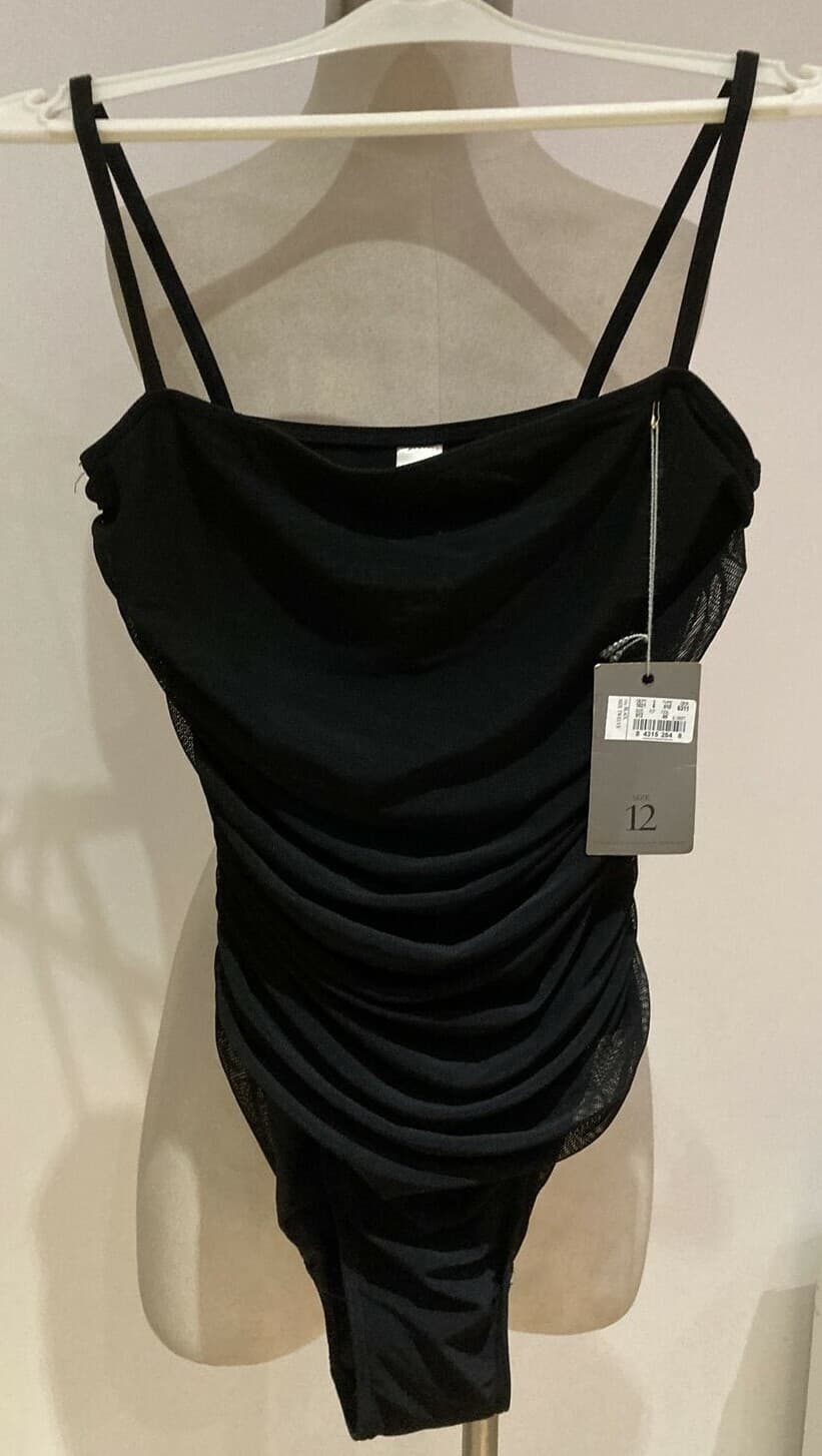 Vintage 1990s Pearce Fionda Black Ruched Swimming Costume, Size 12 UK