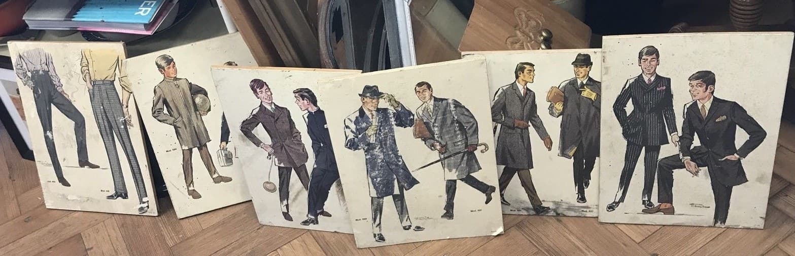 Rare Vintage Mens' 1960's Fashion Advertising Boards, Set of Six