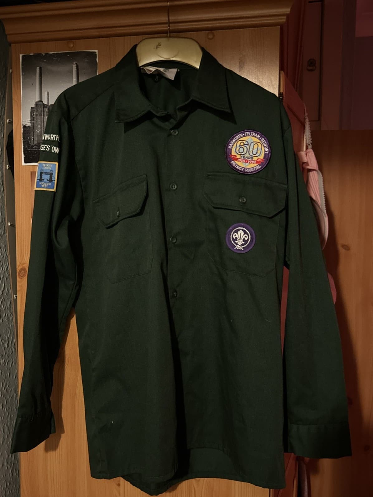 1970s Boy Scout Association Green Shirt with Badges & Leather Woggle