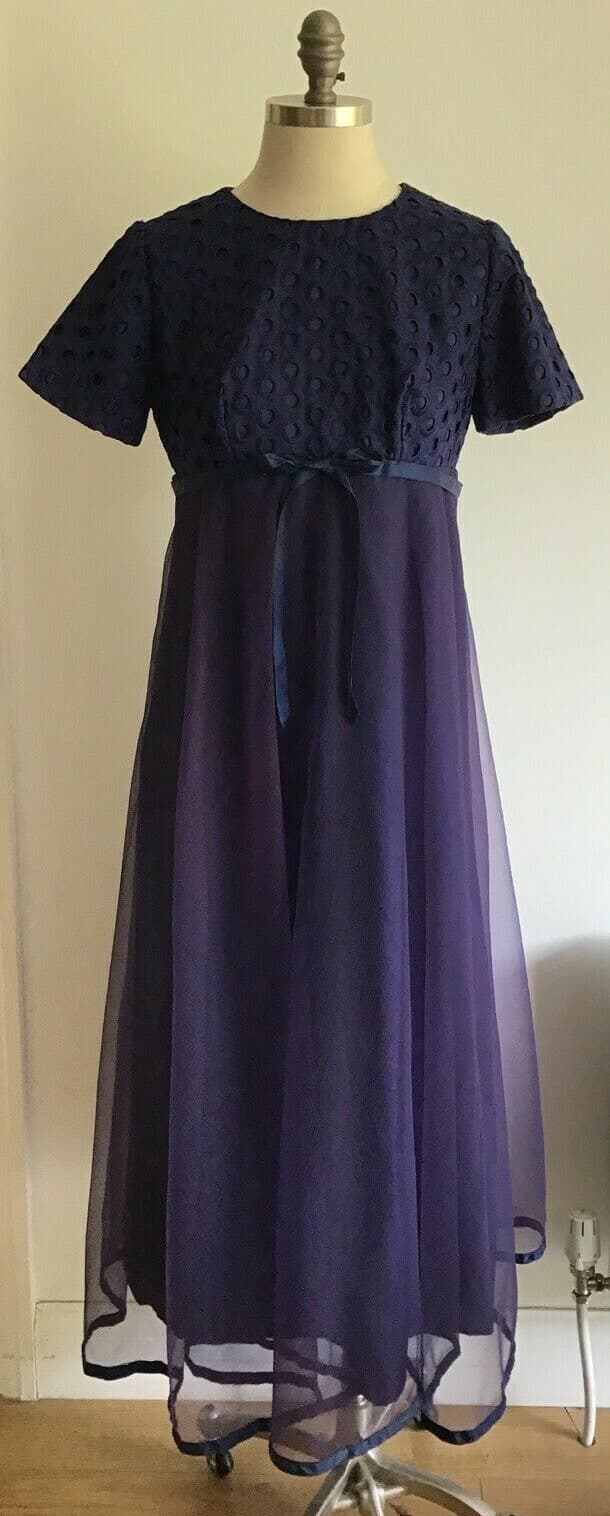 Vintage 60s Jean Varon Empire Line Maxi Dress Navy/Purple, Vintage Size 16 UK