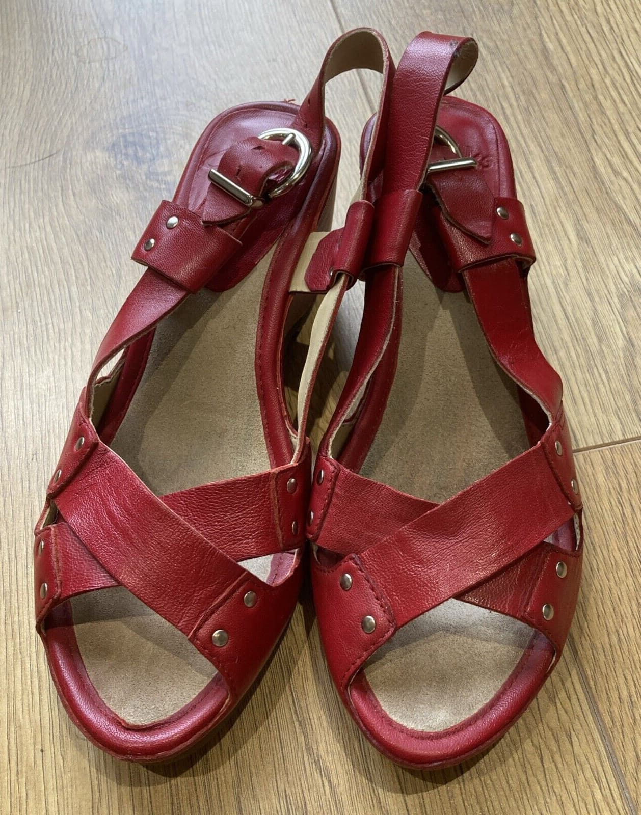 Clarks Soft Leather Red Vintage Style Studded Sandals - Size 3 UK, Barely Worn