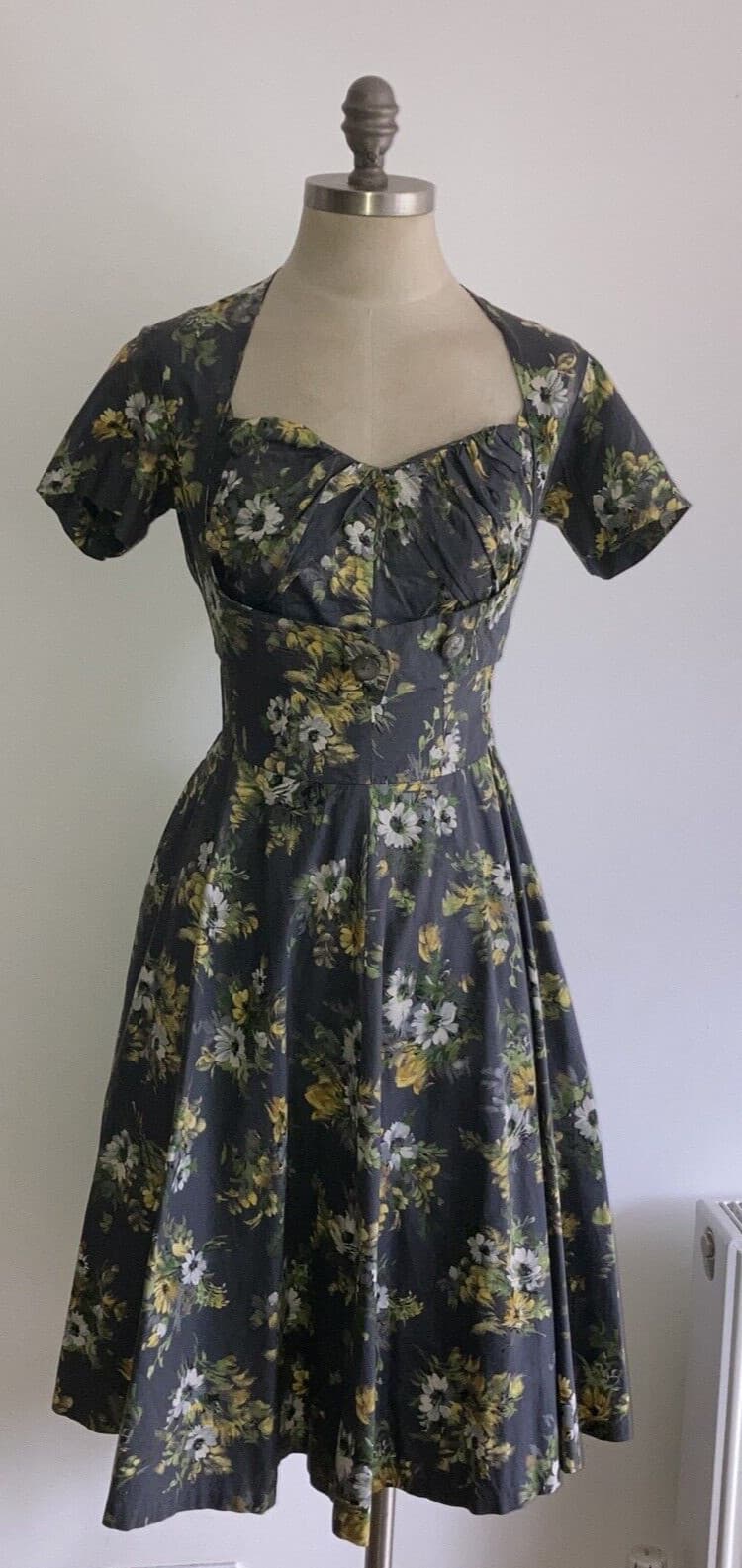1950s Grey Floral Vintage Cotton Sun Dress & Bolero, Small Size, Goodwood?