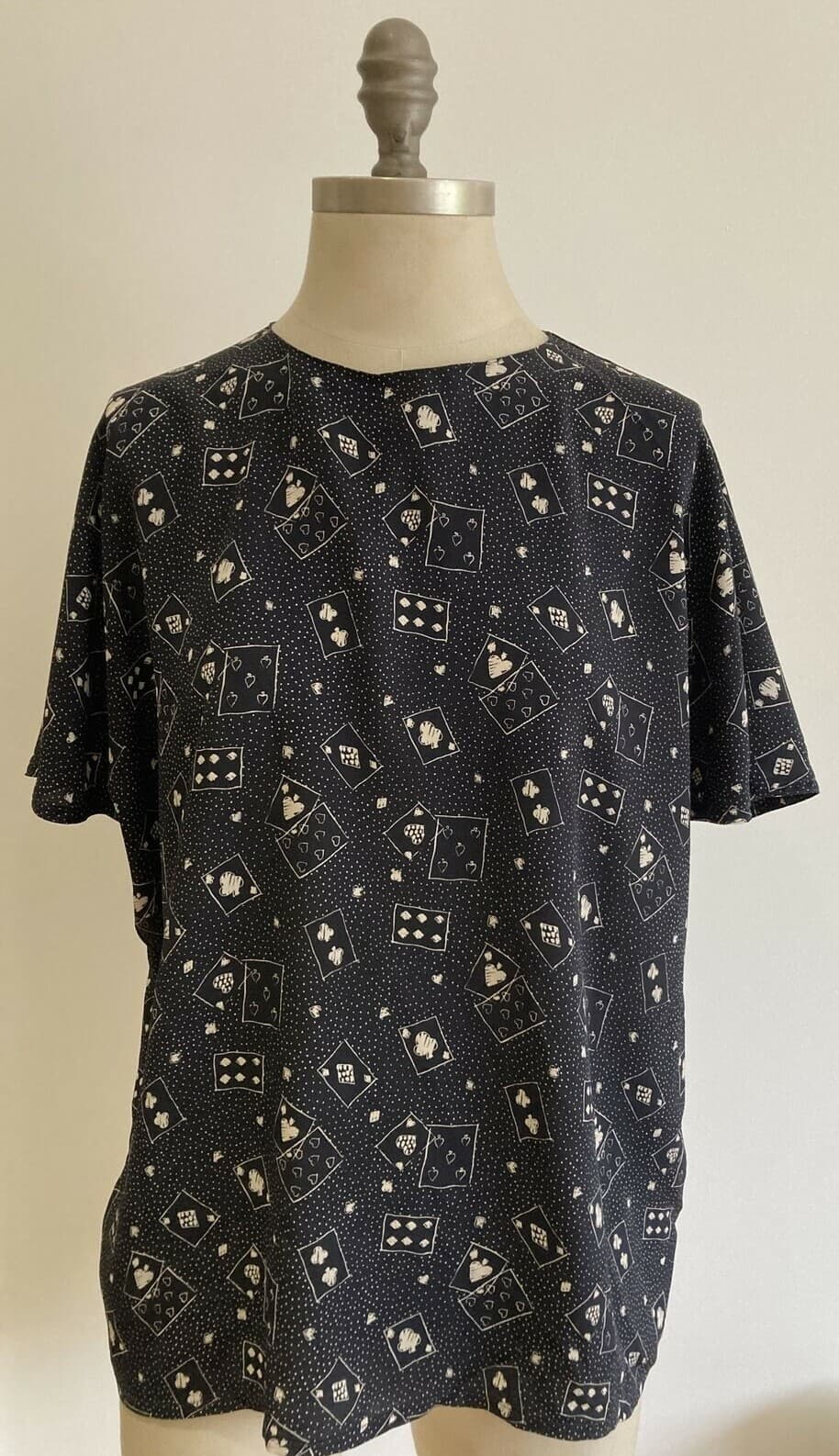 1970s Jaeger Navy Blue Top with Playing Cards Print Size 36" Bust