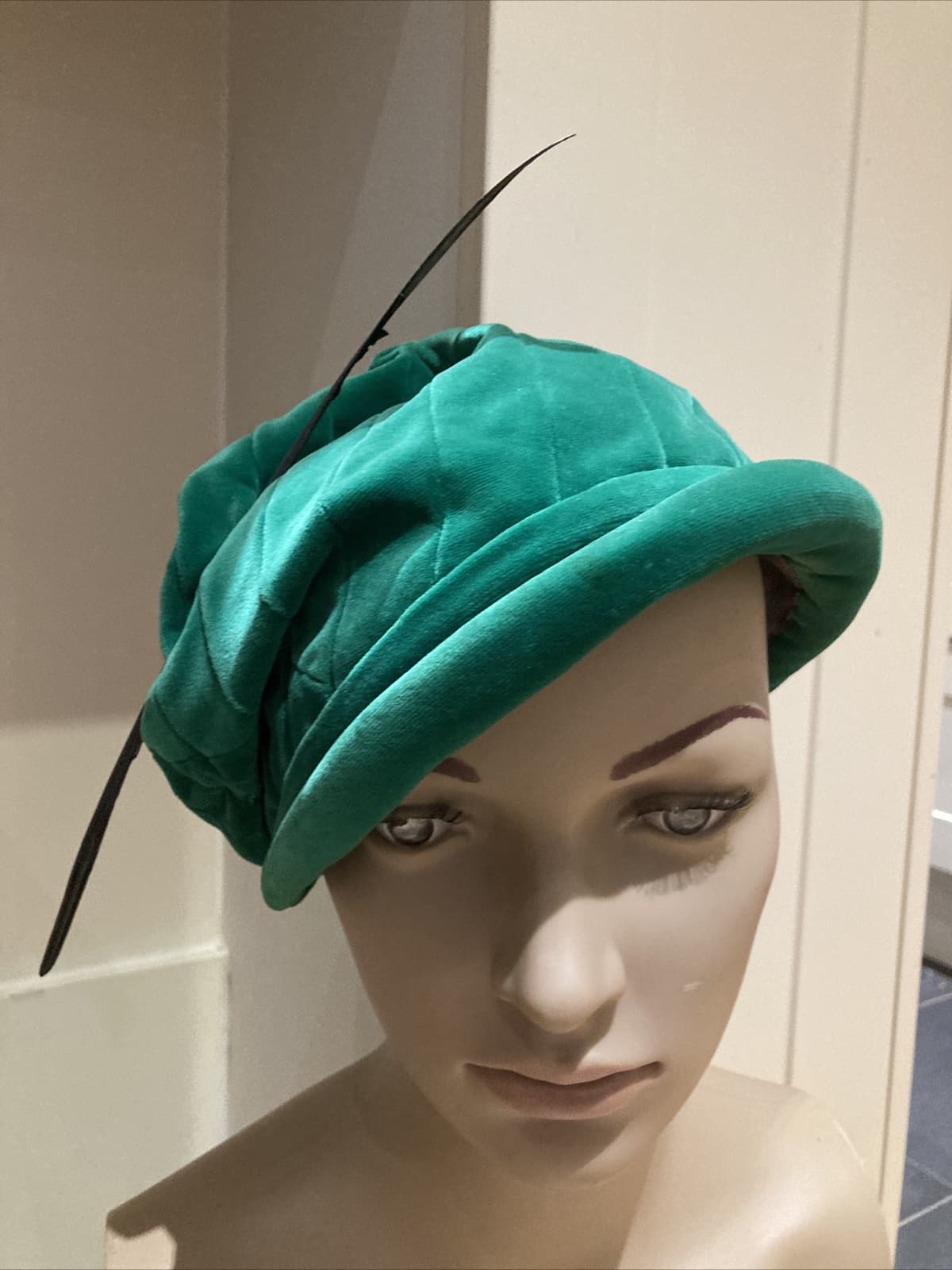 Emerald Green Velvet Vintage Hat with Black Feather Trim