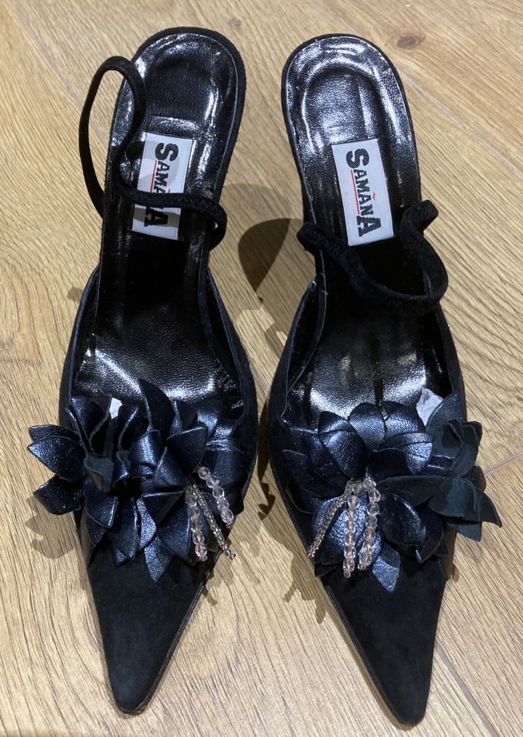 Y2K Black Suede Sling-Back Court Shoes, Size 37 EU