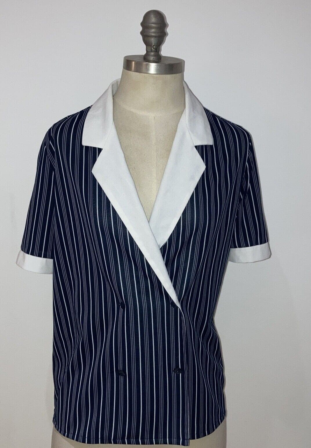 1970s/80s Navy/White Striped Double Breasted Blouse, 21" pit to pit approx.