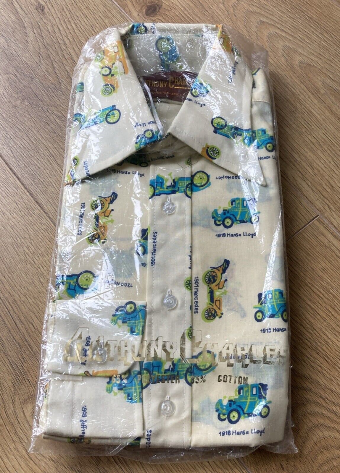Rare Original 70s Anthony Charles Novelty Print Vintage Cars Shirt, Size 15.5