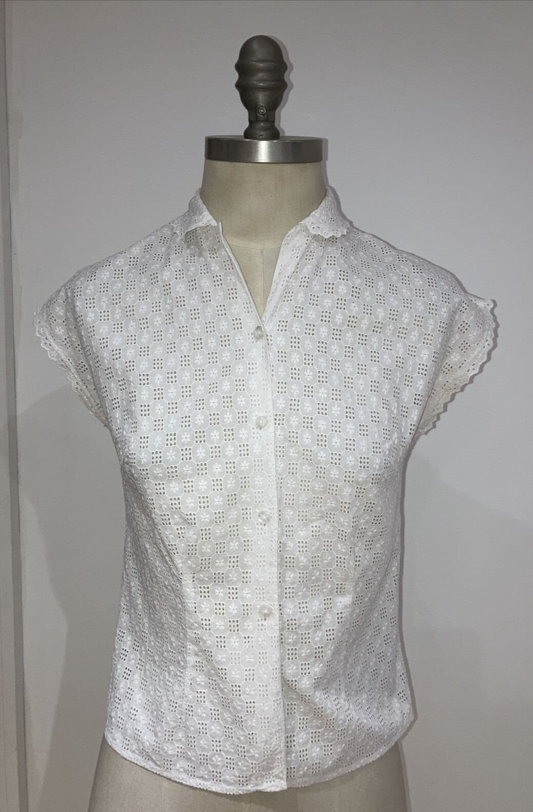 Rare Vintage St Michael 1950s White Cotton Cap Sleeve Lacey Blouse, 34" Bust