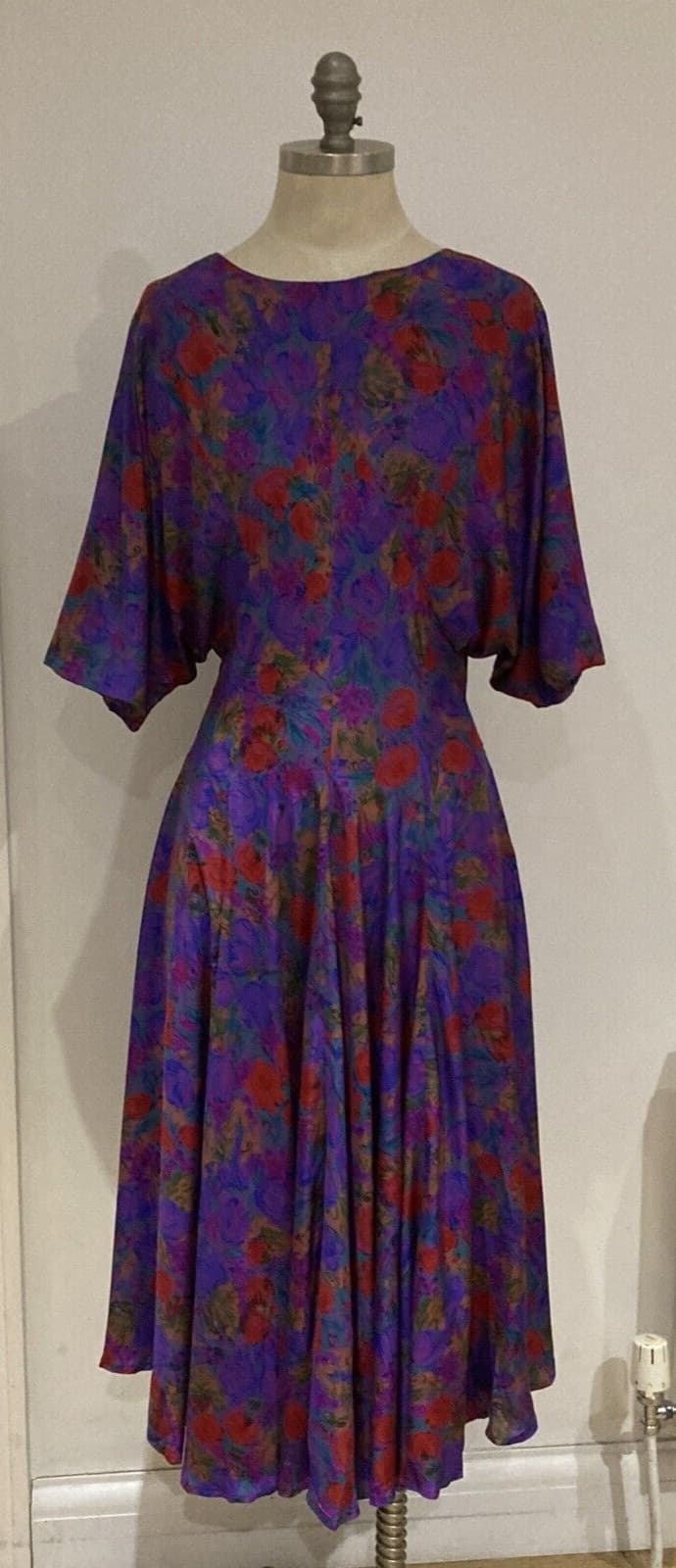 Rare 1960s Norman Hartnell Vintage Floral Silky Dress, Size Vintage 16 UK