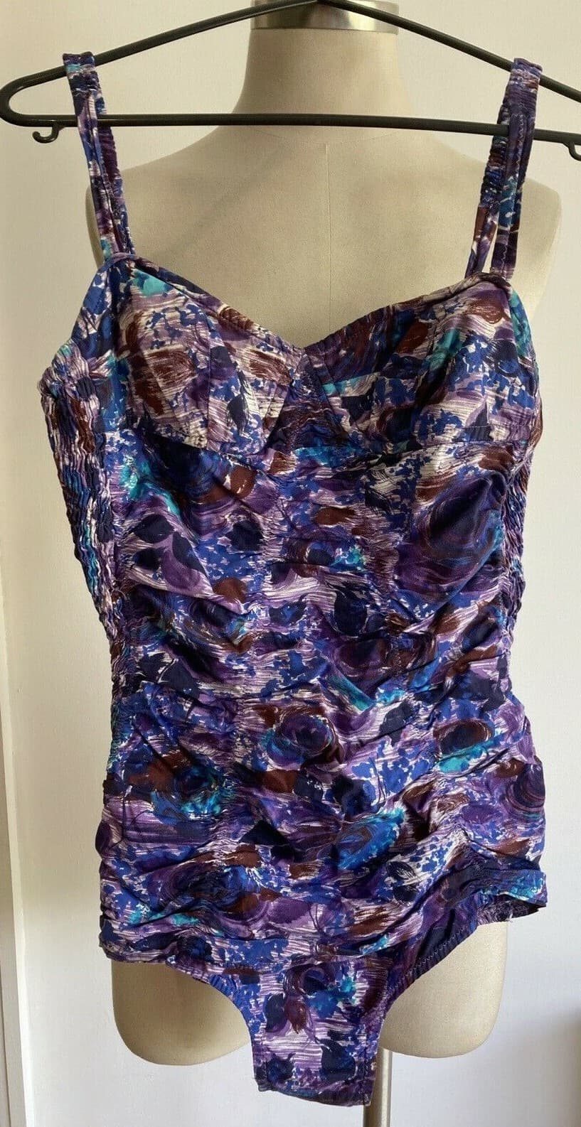Vintage 1950s  St Michael Purple Floral Ruched Swimming Costume, 36" Bust