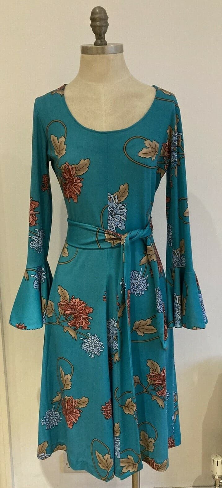 1970s Turquoise Floral Dress by Laura Lee, Jamaica, 19" pit to pit approx.