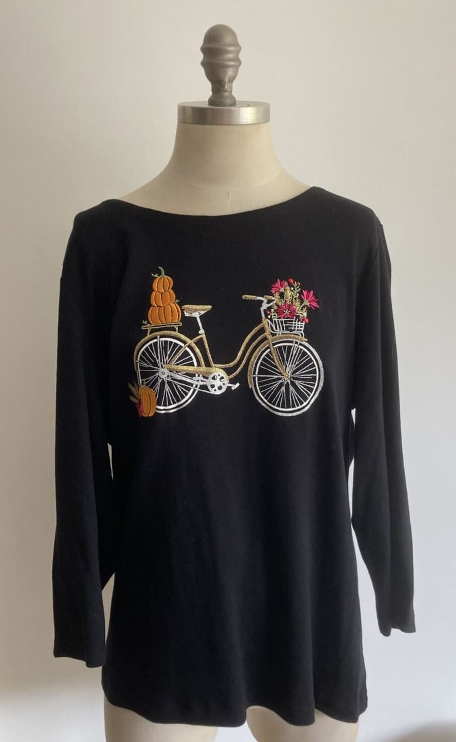 Vintage 1980s Karen Scott "Bicycle" Black 100% Cotton Top, Size XL