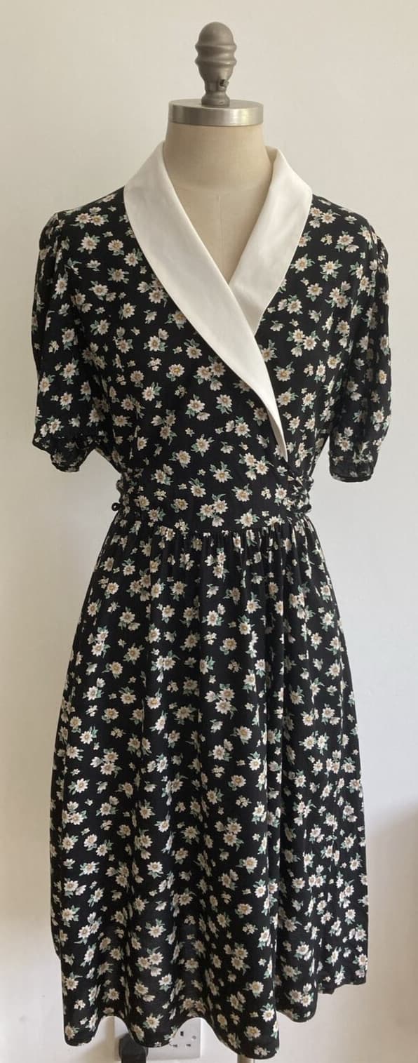 Vintage 1980s Black/White Floral St Michael Dress, 12 UK