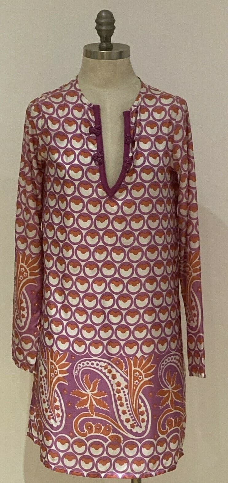Tara Jamon Designer Retro Style Silk Tunic/Dress, Size 10 UK 38 EU, with repair