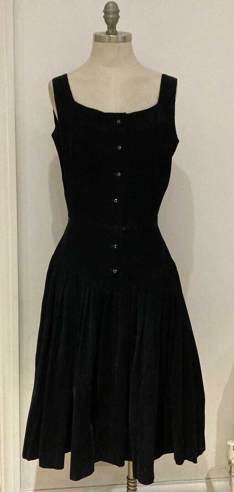 Rare Horockses Black Needlecord/Corduroy Dropped Waist Dress, Vintage 16 UK