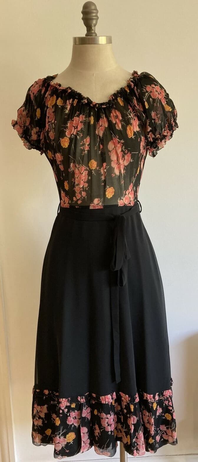 1970s Black Floral Vintage Dress with Tier, Vintage Size 10 UK