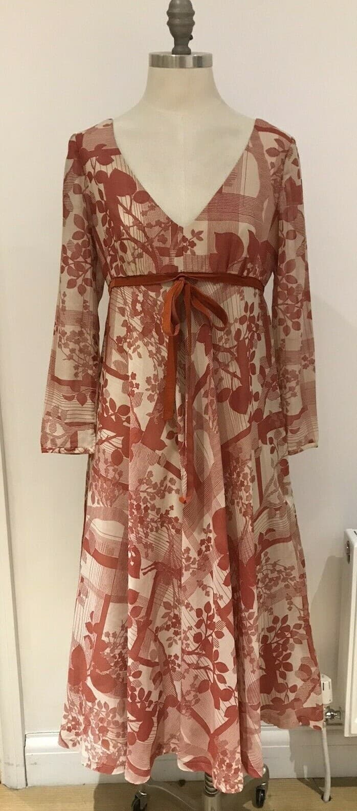 Rare Bias Cut Vintage "Marisa" Rust/Beige Dress Circa 1974, Bust 35.5"