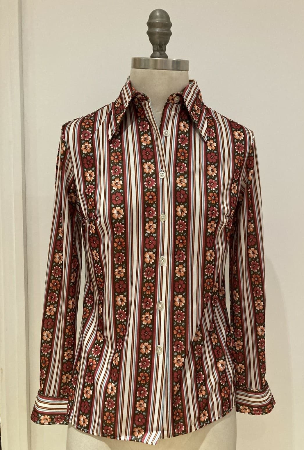 Vintage 1970s Red/Floral Striped M & S Blouse/Shirt, Size 34" Bust, New No Tags