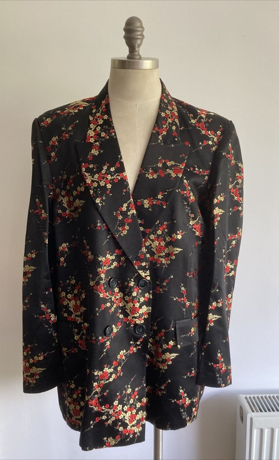 Vintage Black Silk Brocade Double Breasted Chines Jacket, 22" pit to pit approx.