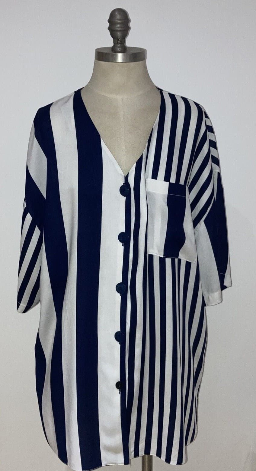 1980s Navy/Cream Striped Over-Shirt by Dorothy Perkins, Size 14 UK