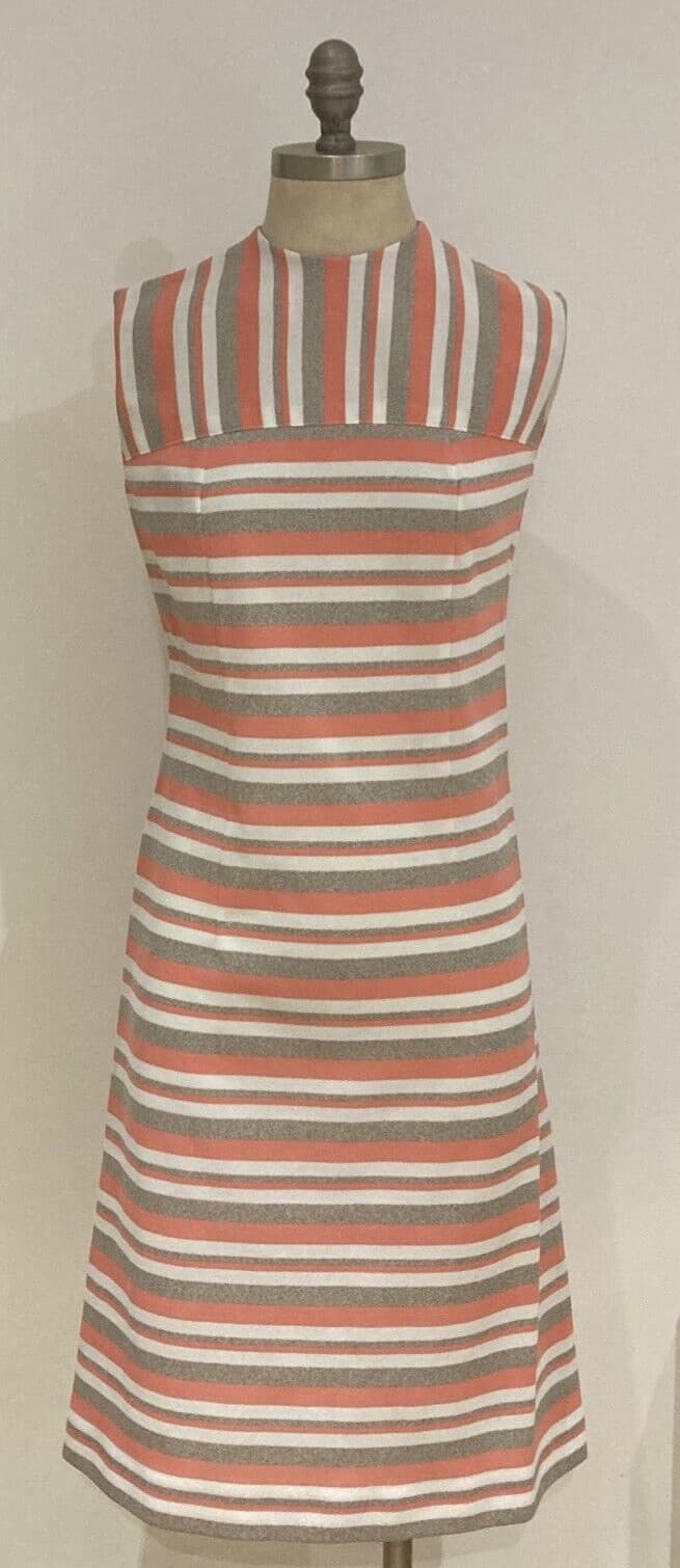1970s Vintage Coral/Oatmeal/White Striped Sleeveless Dress, 17.5" pit to pit