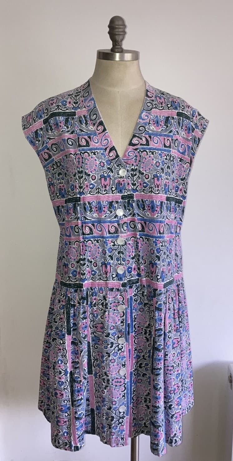 1950s Vintage White/Pink/Grey Barkcloth Dress, 21" pit to pit, Goodwood?