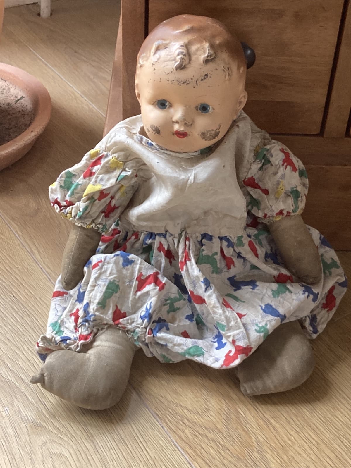 VINTAGE DOLL 1930s  with Dog Print Rompers & Floral Nappy