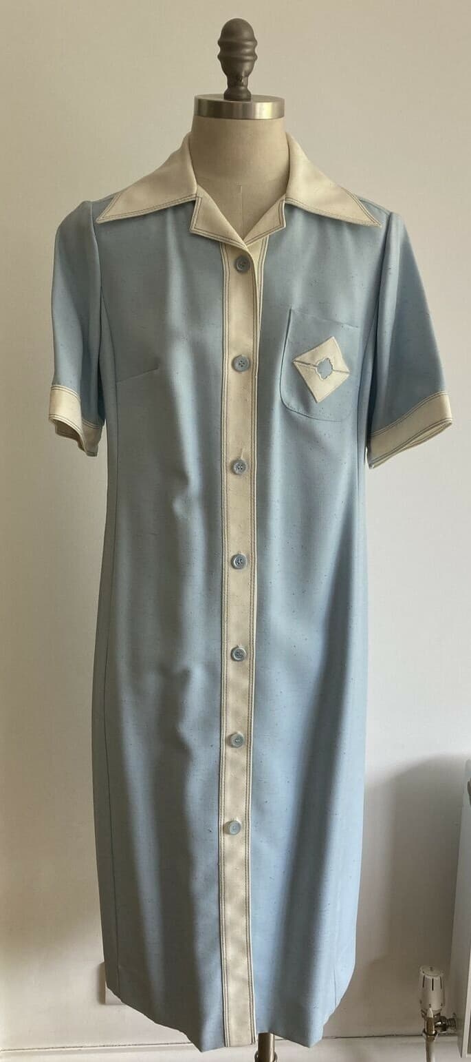 1970s Blue/Cream Button Through Coat Dress by Caroline Rohmer, Paris