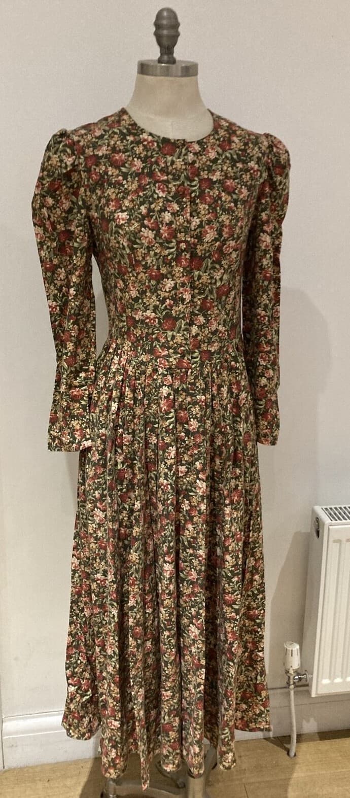Laura Ashley 1980s Wool/Cotton Blend Olive/Floral Dress, Size 10 UK, Made in UK