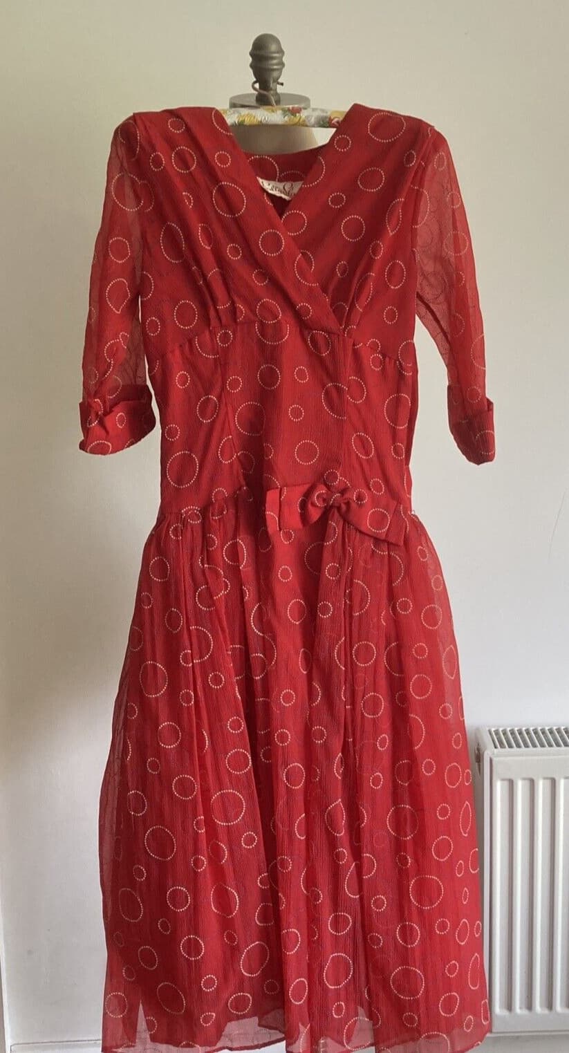 Vintage 1950s Red Sally Slade of Regent Street DressButton Trim 18.5" pit to pit