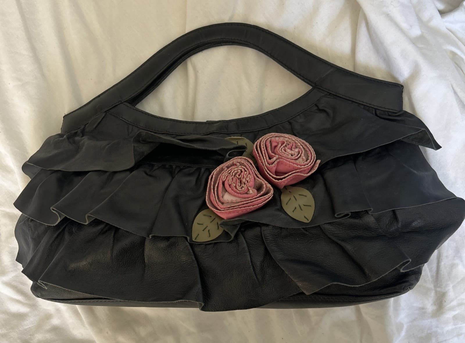 XUDE London Butter Soft Black Leather Top Handle Handbag Vintage, Rose Trim