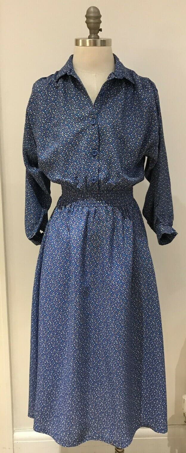 Mid 1970s Blue Patterned Vintage Dress  Size 10/12 UK, Made in England