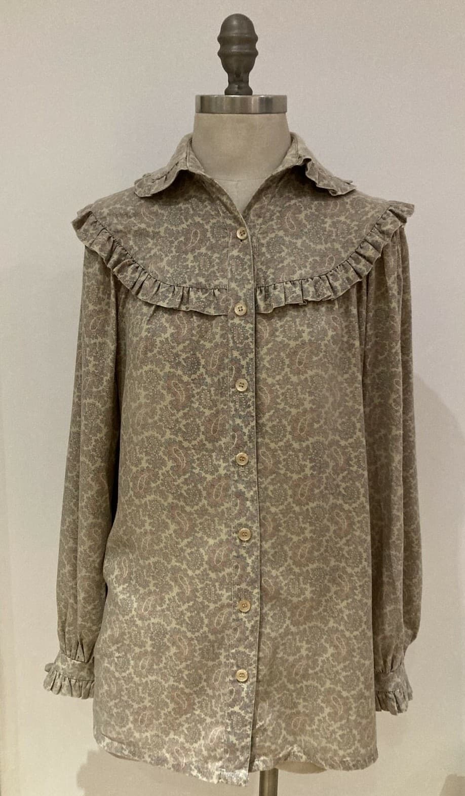 Rare Vintage Paisley 1970s Selfridges Floral Shirt with Frills, 21" pit to pit