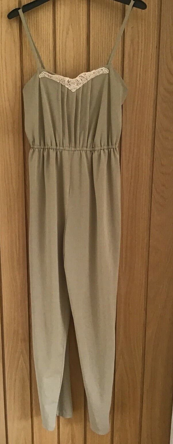 Vintage 1970s Rhona Roy Beige Jumpsuit, Lace Trim to Bodice, Size 10 approx.