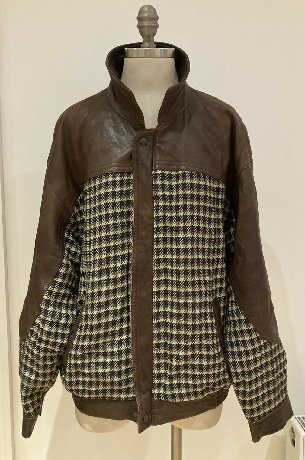 Men's Vintage 1970s Brown Leather/Tweed Jacket Retro Size 26.5" armpit to armpit