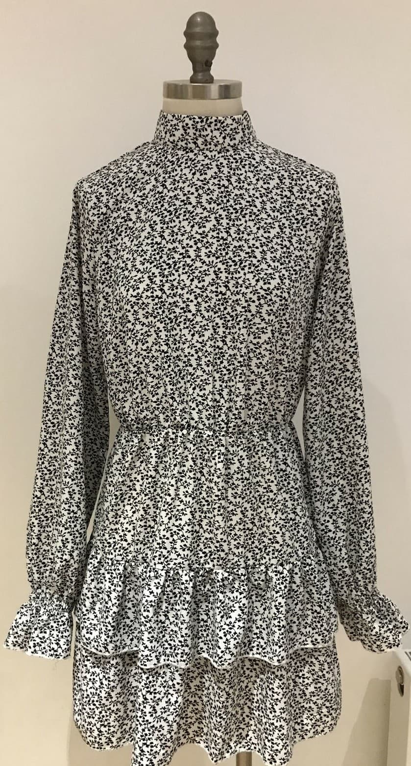 1970s Style Tiered Black/White Ditsy Floral Print Dress, Size 10 UK