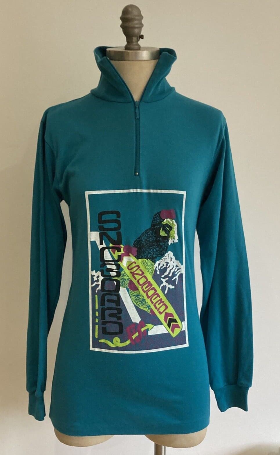 Vintage 1980s Retro C & A Rodeo Snowboarding Themed Quarter Zip Top, 38" Chest