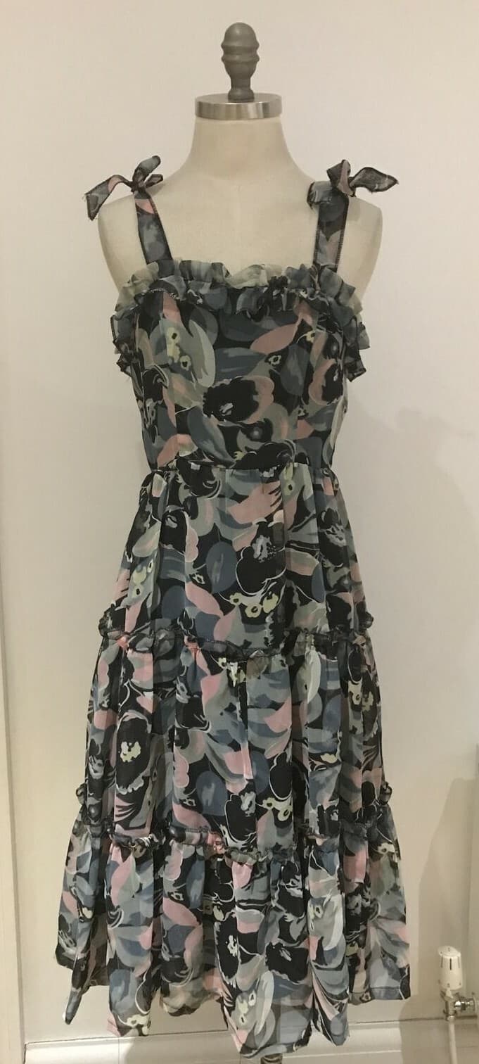 1970s "Ego, London" Chiffon Tiered Dress, Belt & Shawl,17" from Armpit to Armpit