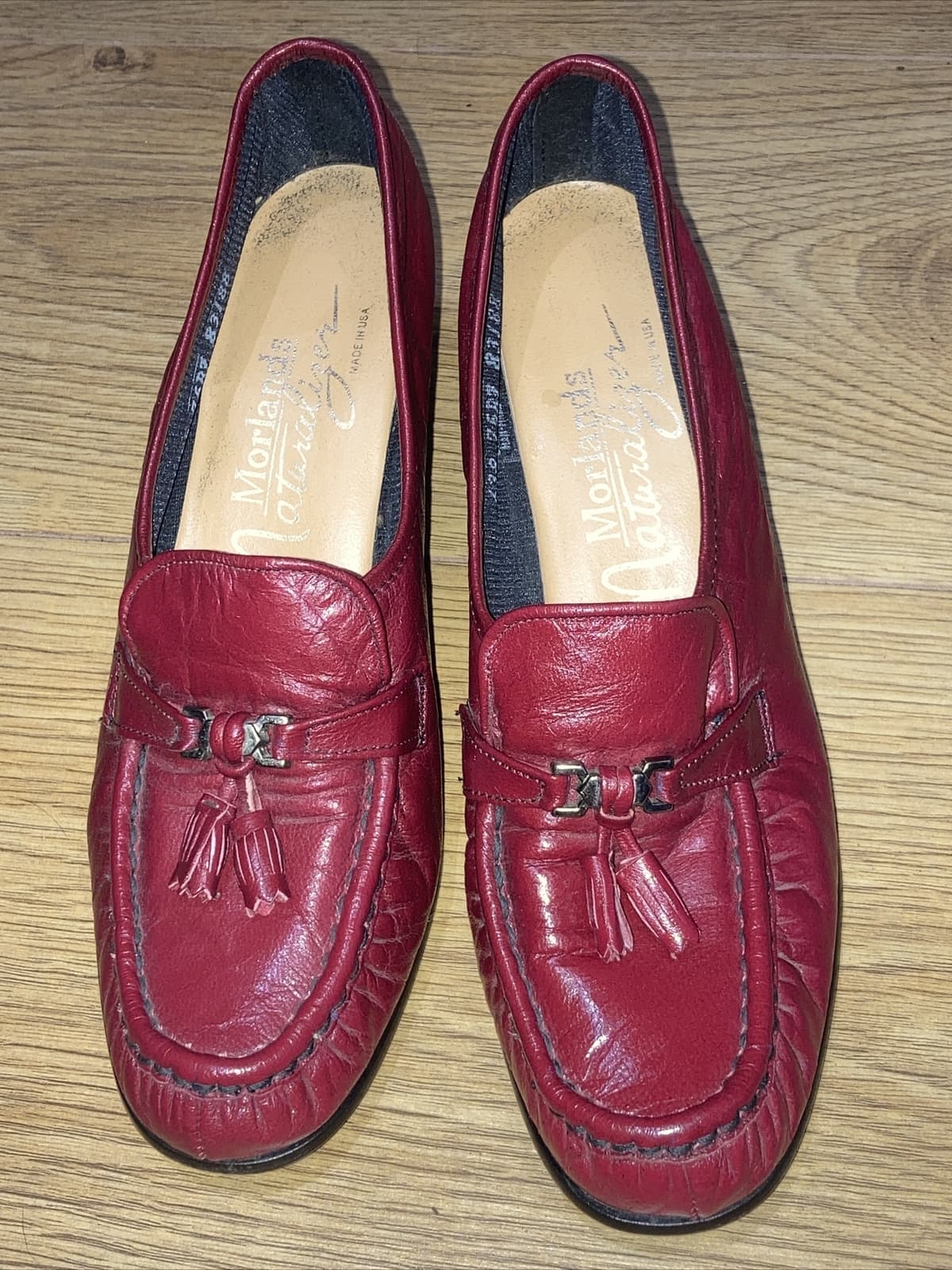 Vintage 1970s/1980s Red Leather Tassel Loafers by Morlands, Stack Heels, UK 5