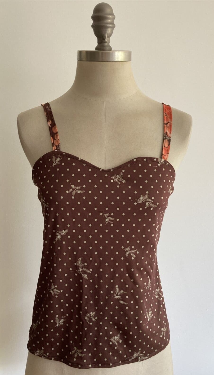 Vintage Mid 1970s Brown Spot Camisole Top, 17" from armpit to armpit