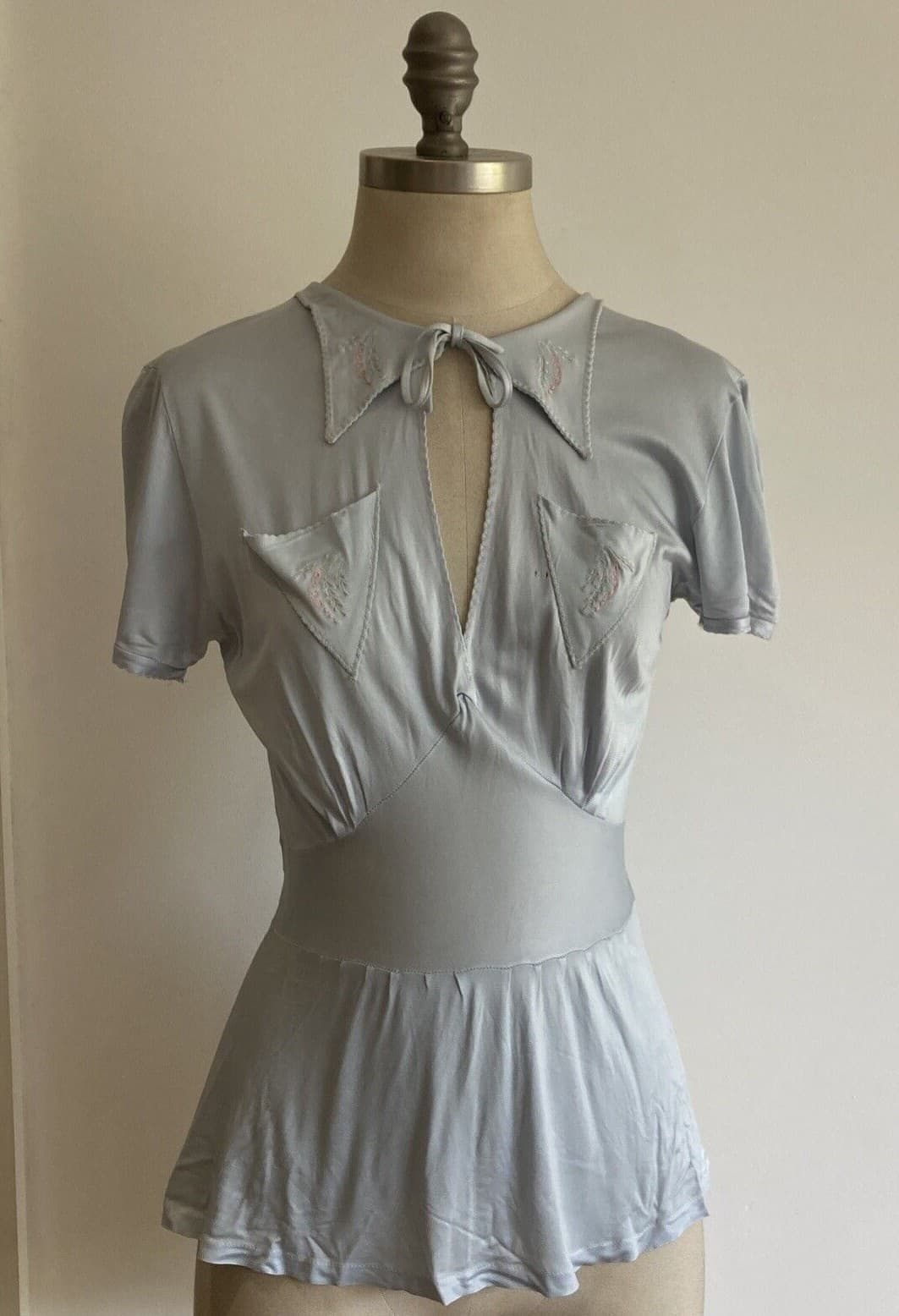 Original Vintage 1920s 1930s 1940s Pale Blue Silky Pyjamas Loungewear, Small