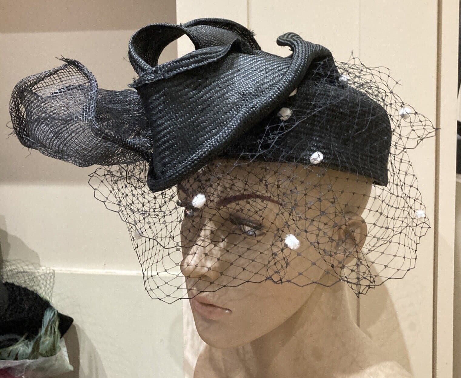 Vintage Black Straw Hat & Veil with White Spots, Size M/L